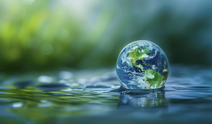 A globe resting on a calm body of water, with a blurred background of more water and sky