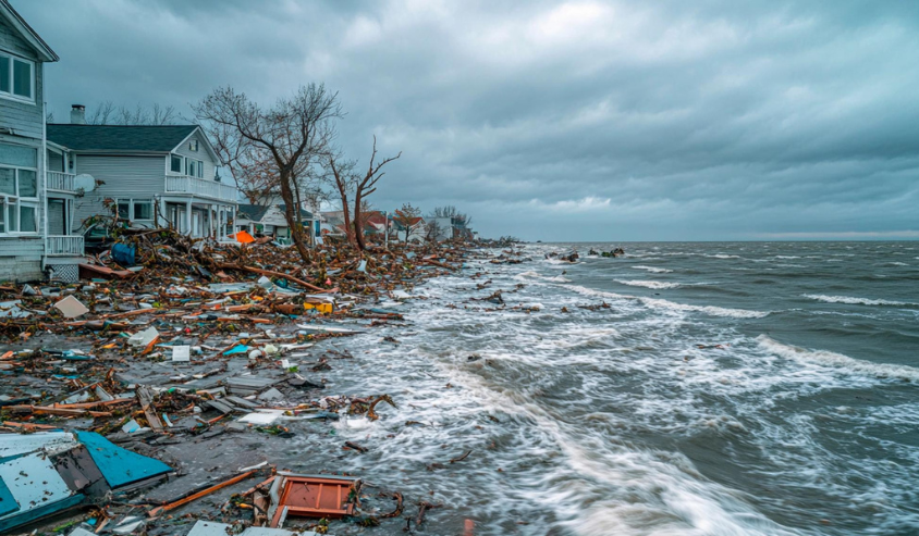 Coastal homes damaged by a storm, with debris washed ashore.