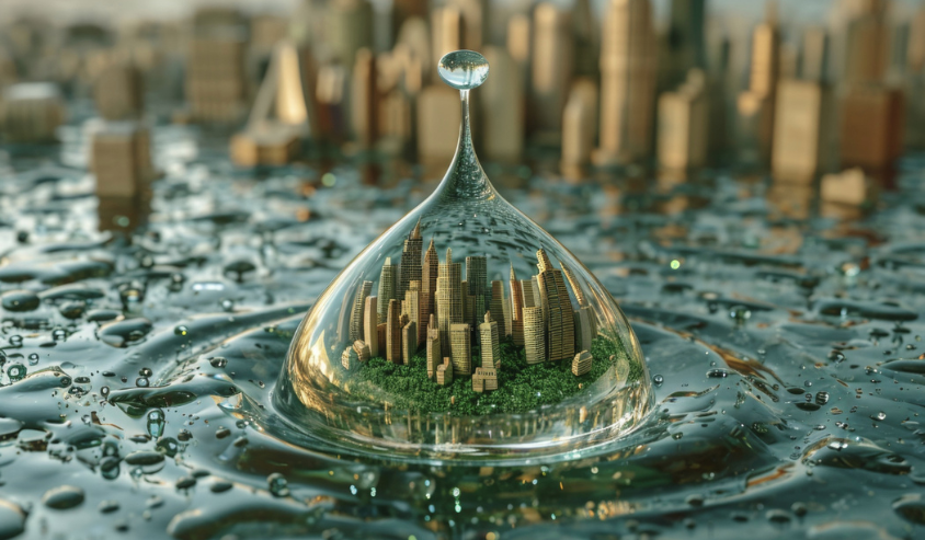 Cityscape reflected in a water drop, symbolizing water's importance to urban life.