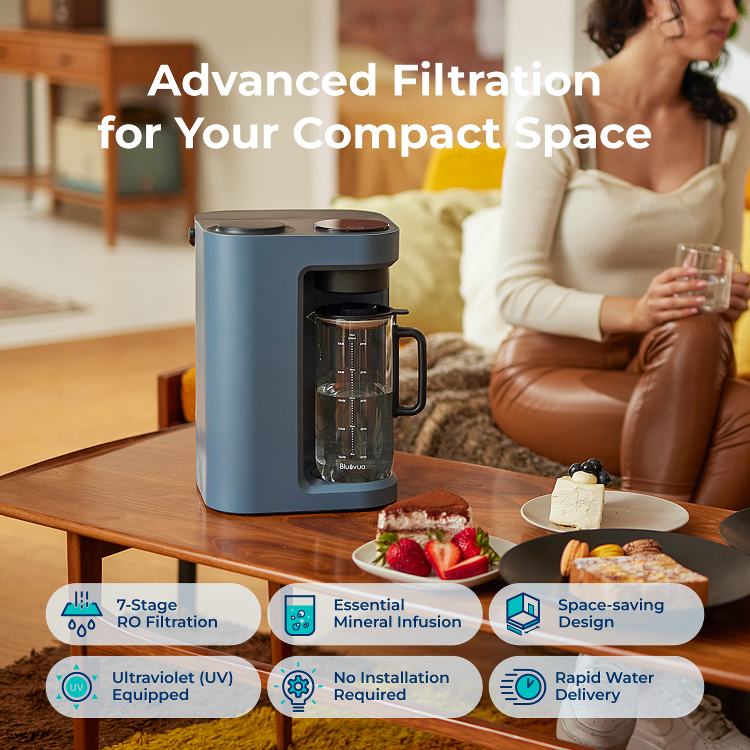 Bluevua ROPOT-Lite(UV) water purifier with a glass carafe, displaying advanced filtration features. #color_blue