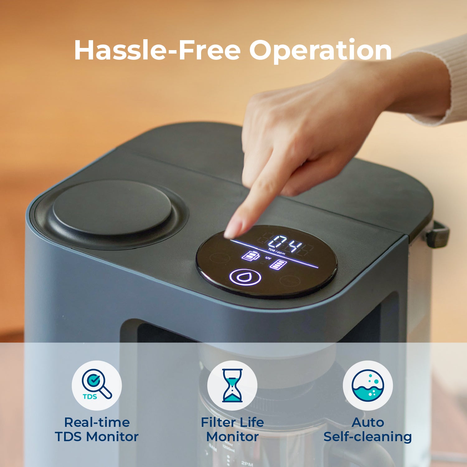 User operating Bluevua ROPOT-Lite UV purifier with smart led control and TDS monitor. #color_blue