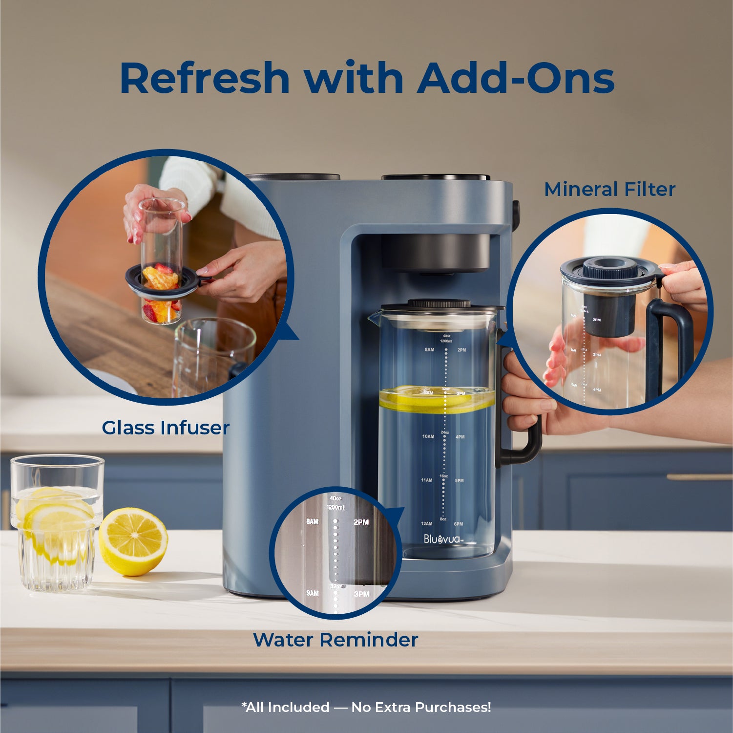 Bluevua ROPOT-Lite(UV) water purifier features a glass infuser, mineral filter, and water reminder. #color_blue