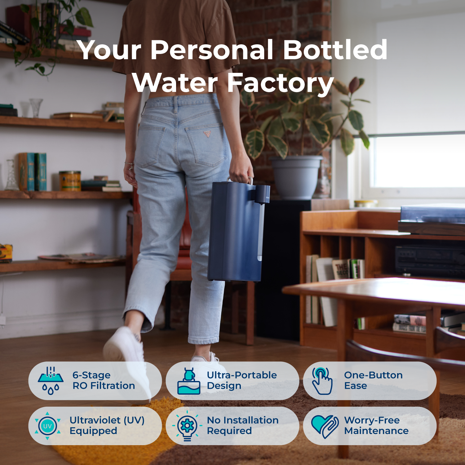 Woman effortlessly carrying Bluevua ROPOT-Travel water purifier, highlighting portability and convenience #color_blue