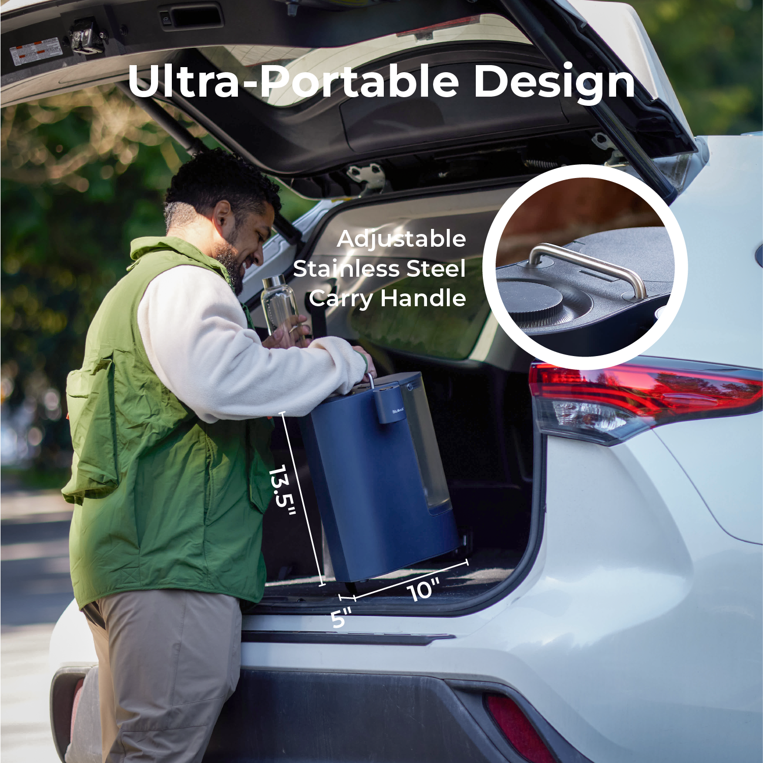 A man loading the portable Bluevua ROPOT-Travel water purifier with an adjustable handle into a car trunk, highlighting its portability. #color_blue