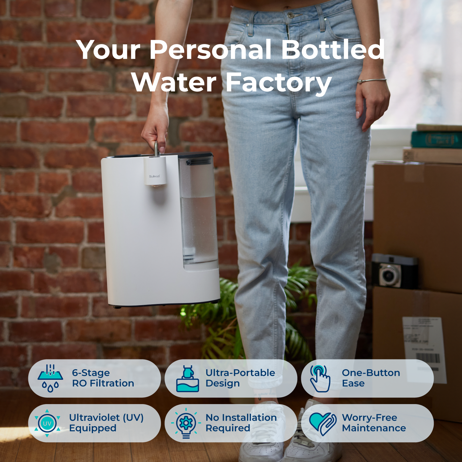 Woman holding Bluevua ROPOT-Travel portable water purifier with six-stage RO filtration. #color_white