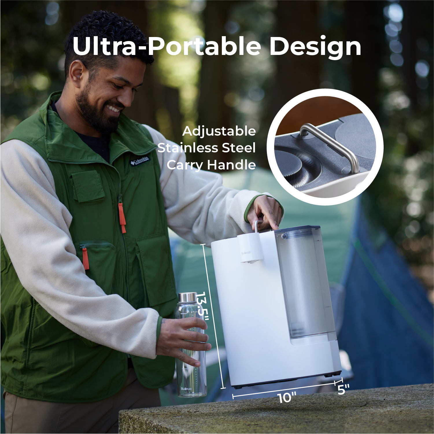 Man holding Bluevua ROPOT-Travel portable water purifier with adjustable carry handle. #color_white