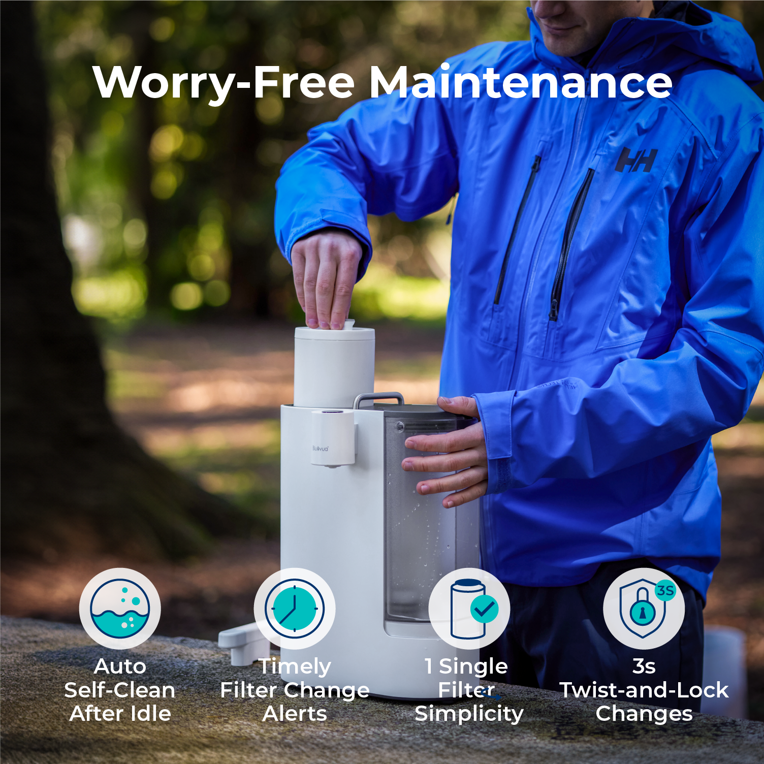 Worry-free maintenance features of Bluevua ROPOT-Travel with self-clean and filter alerts. #color_white