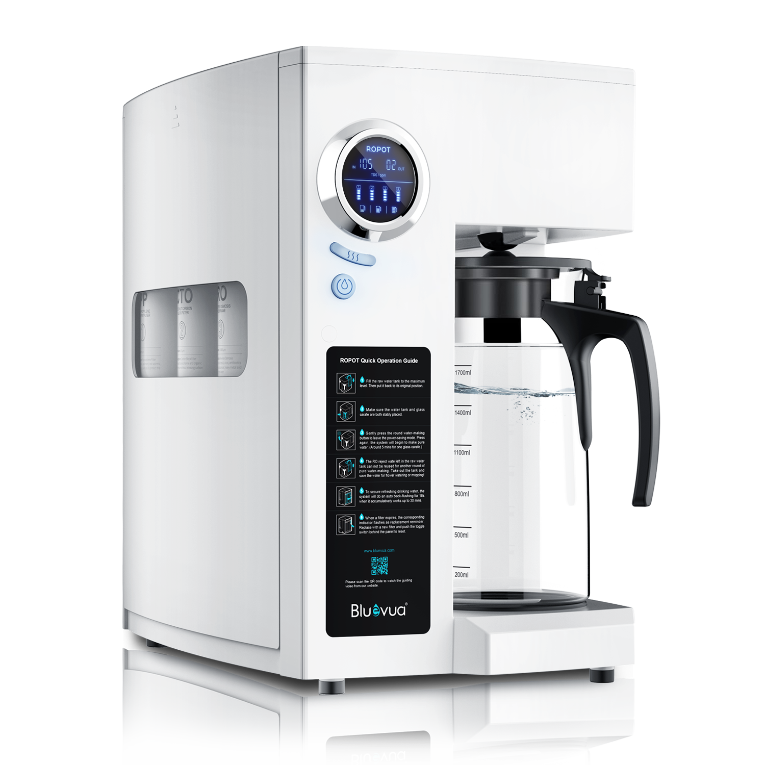 Bluevua ROPOT countertop RO water system with glass carafe and digital controls