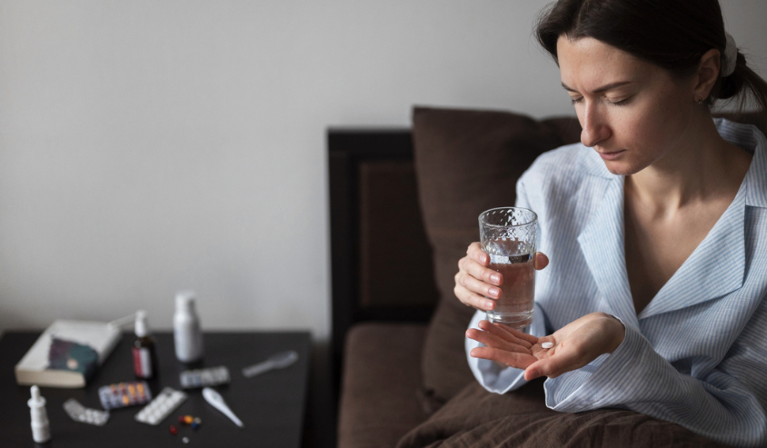 Woman taking pill with purified water from a water purifier