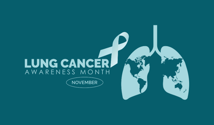 Lung Cancer Awareness Month banner for November, featuring a light blue ribbon and a stylized lung graphic with a world map pattern, against a teal background.