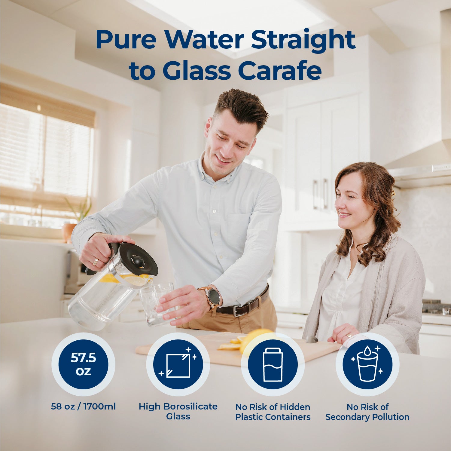 Couple pouring fresh water from Bluevua ROPOT(UV) system into glass carafe. #color_white